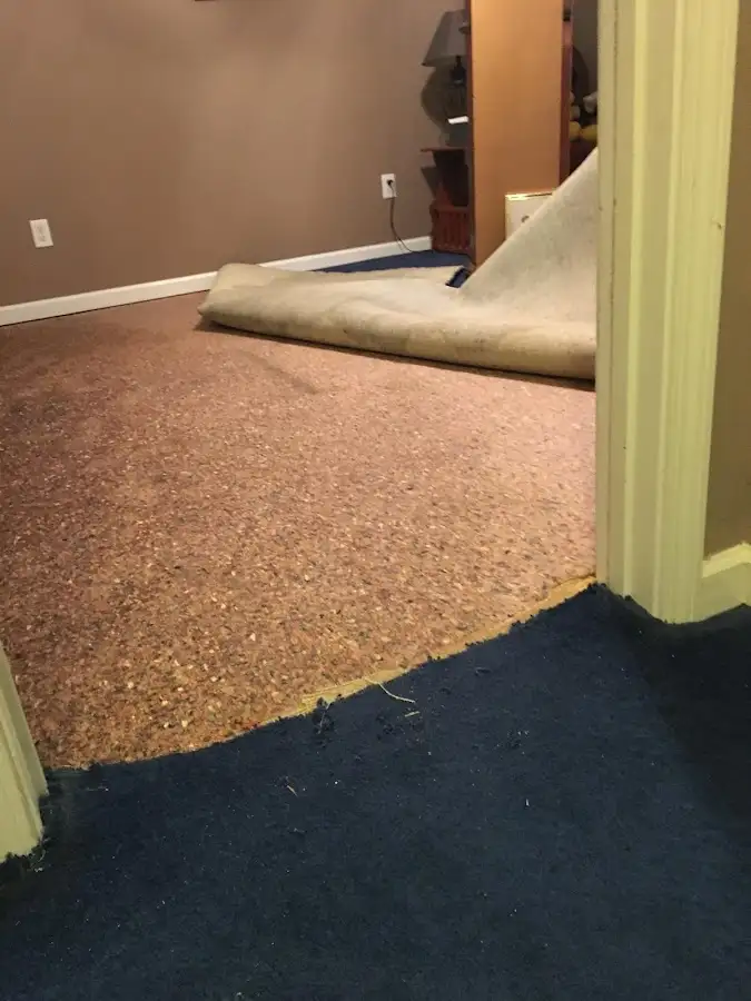 Carpet pad removal revealing water damage during Drying & Dehumidification in Lehman